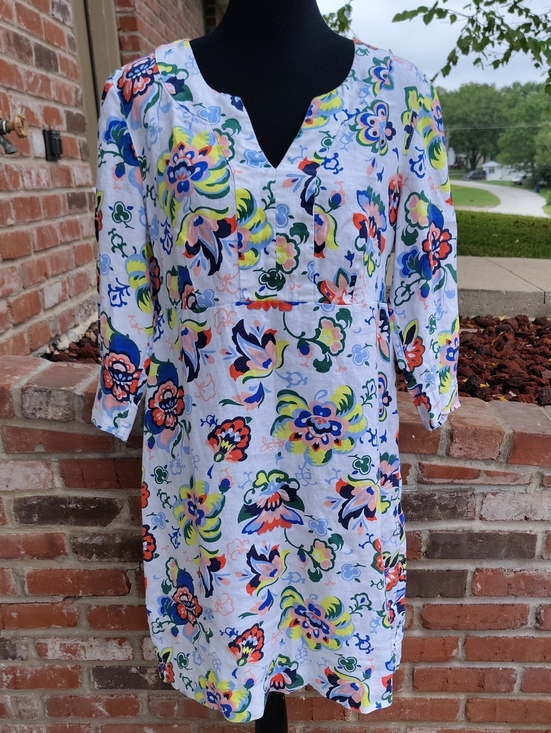 Boden Dresses & Skirts - Boden 100% Linen 3/4 Sleeves V Neck Floral Mini Dress Size 10L Beachy Bohemian